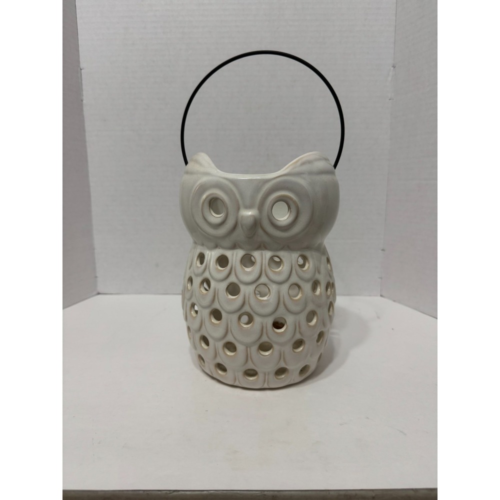 White Ceramic Owl Lantern with Black Handle